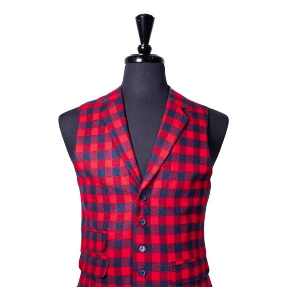 Mens Vest 40R Red Blue Plaid Check Wool Waistcoat Medium Formal Wedding Party - Picture 4 of 10